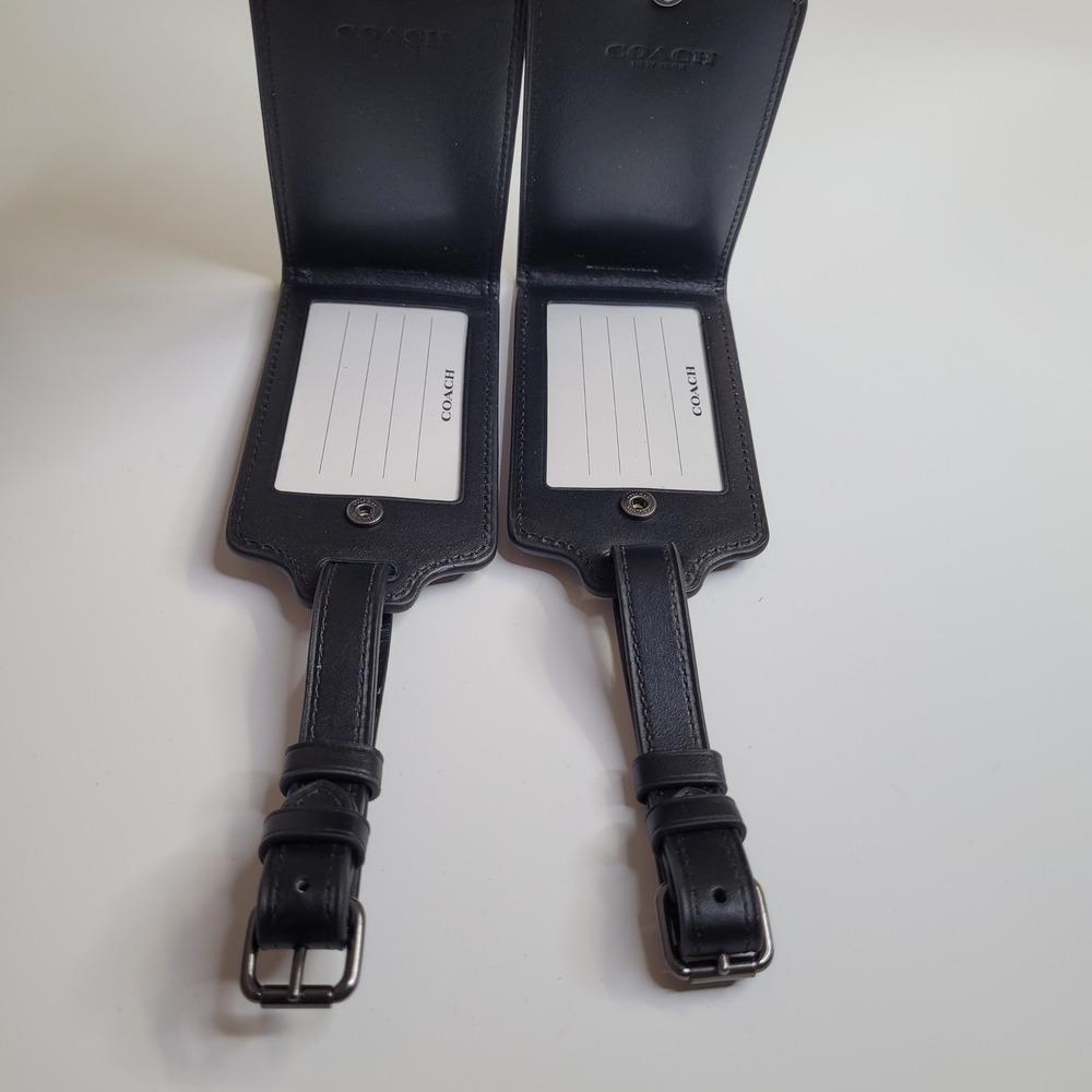 Coach Signature Canvas Luggage Tags Set of 2 Charcoal Black Leather Travel ID - Picture 5 of 9